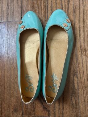Seychelles Mint Patent Ballet Flats with Gold Trim